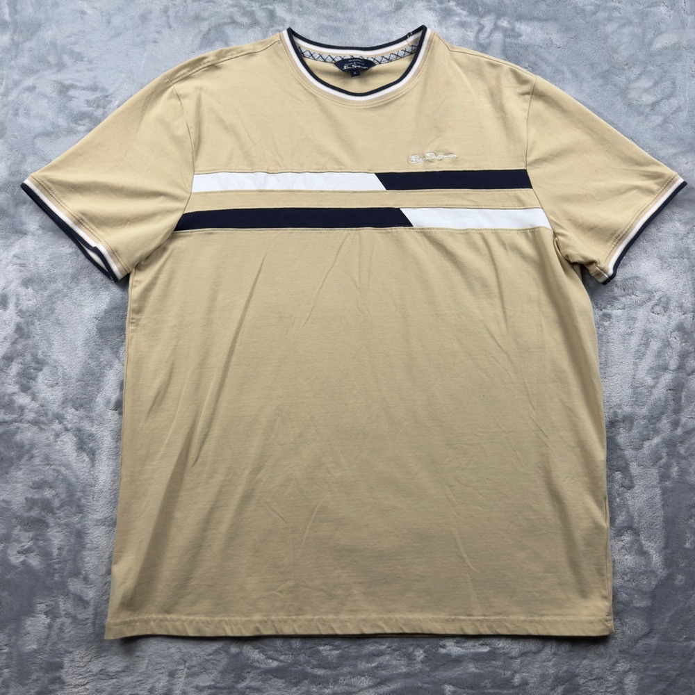 Ben Sherman Mens XL Tan Beige T-Shirt Navy White Chest Stripe Crew Neck Tee
